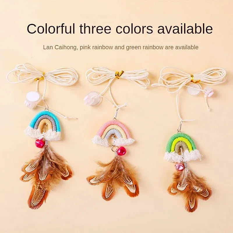 Feather cat rope door hanging toy with elastic swing and sticky buckle clamp in blue, green, or pink