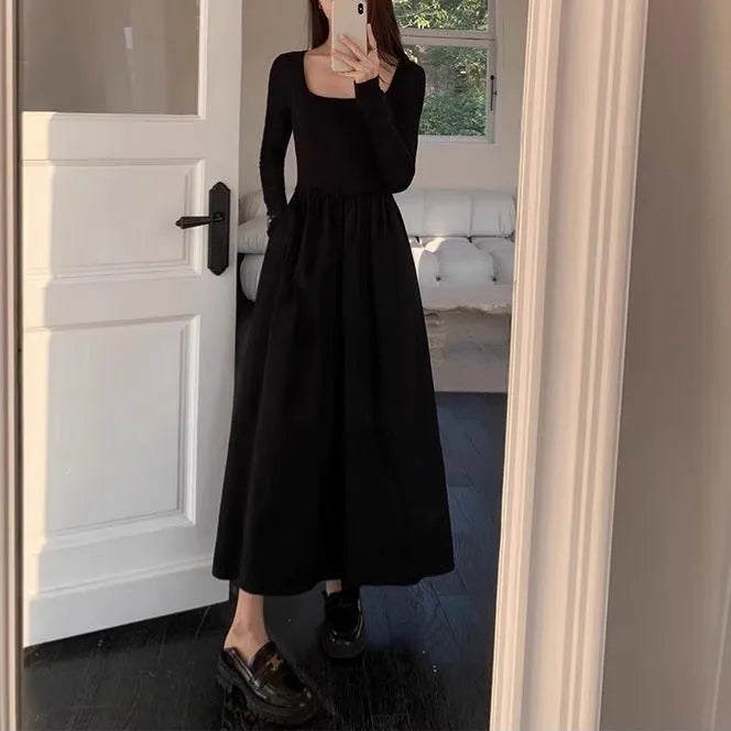 Women's square collar knitted dress with elastic waist and A-line long skirt in black