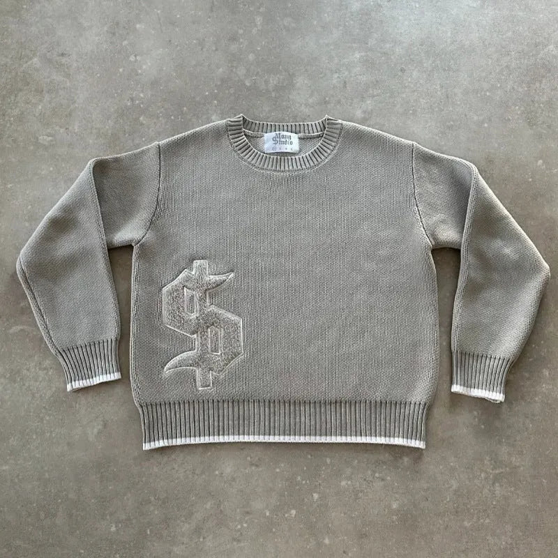 Grey loose-fitting acetate knitwear coat with jacquard pattern and long sleeves.