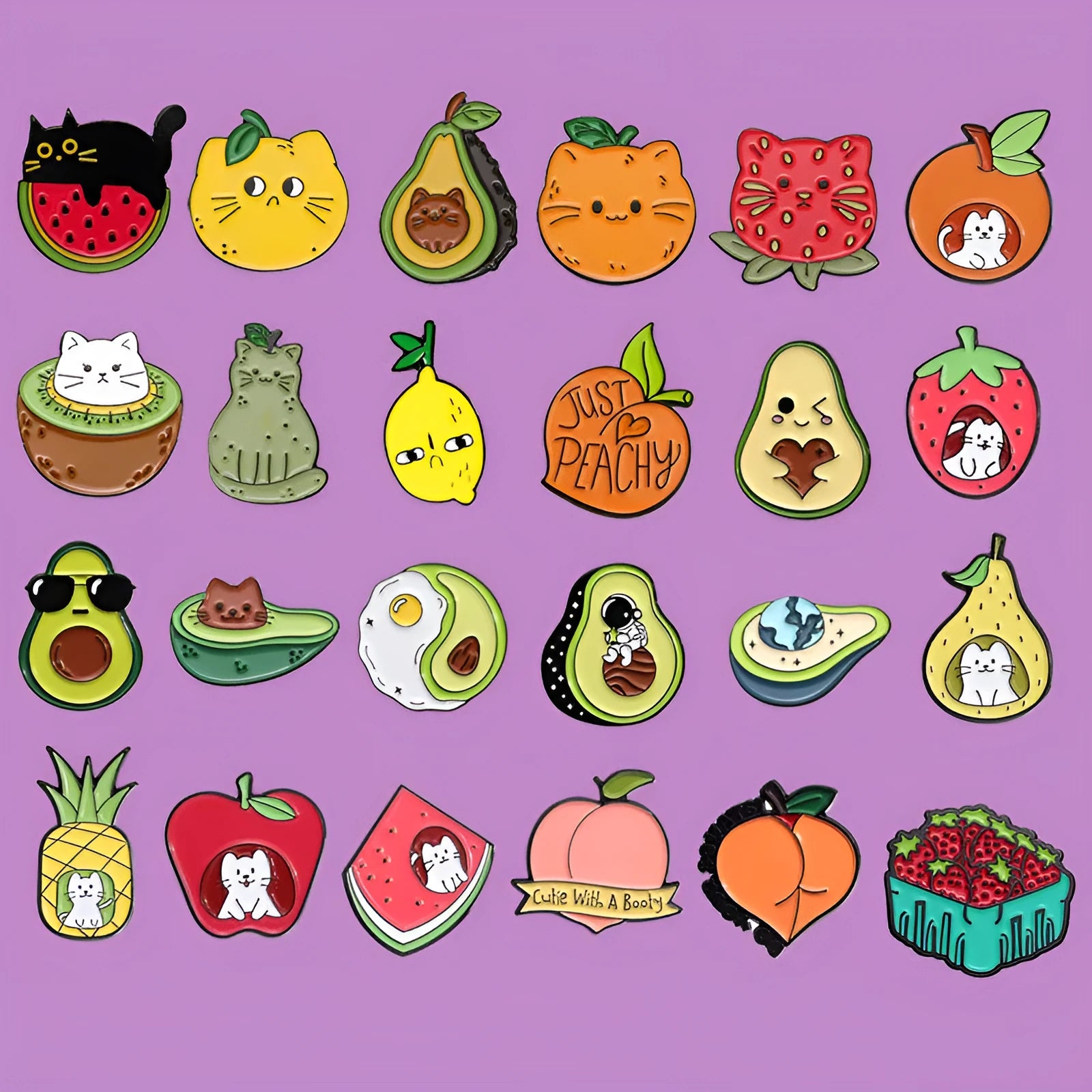 Colourful cartoon fruit and letter design metal brooch on a fabric background.