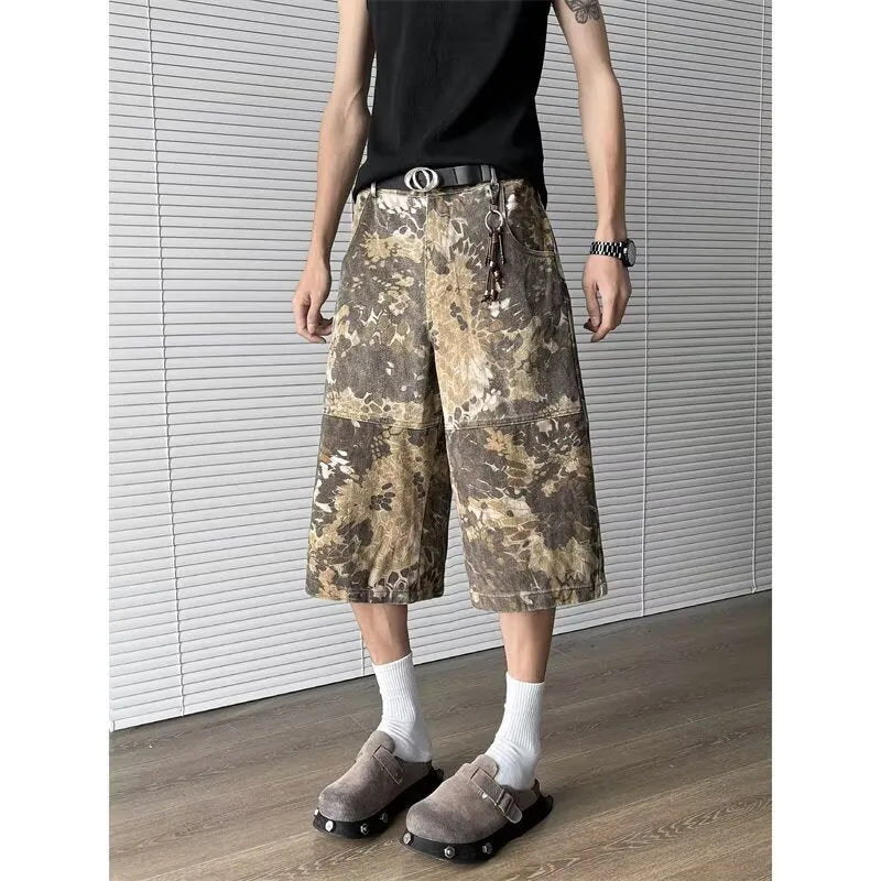 Yellow women's jeans with snake camouflage pattern, cropped length, cotton denim fabric