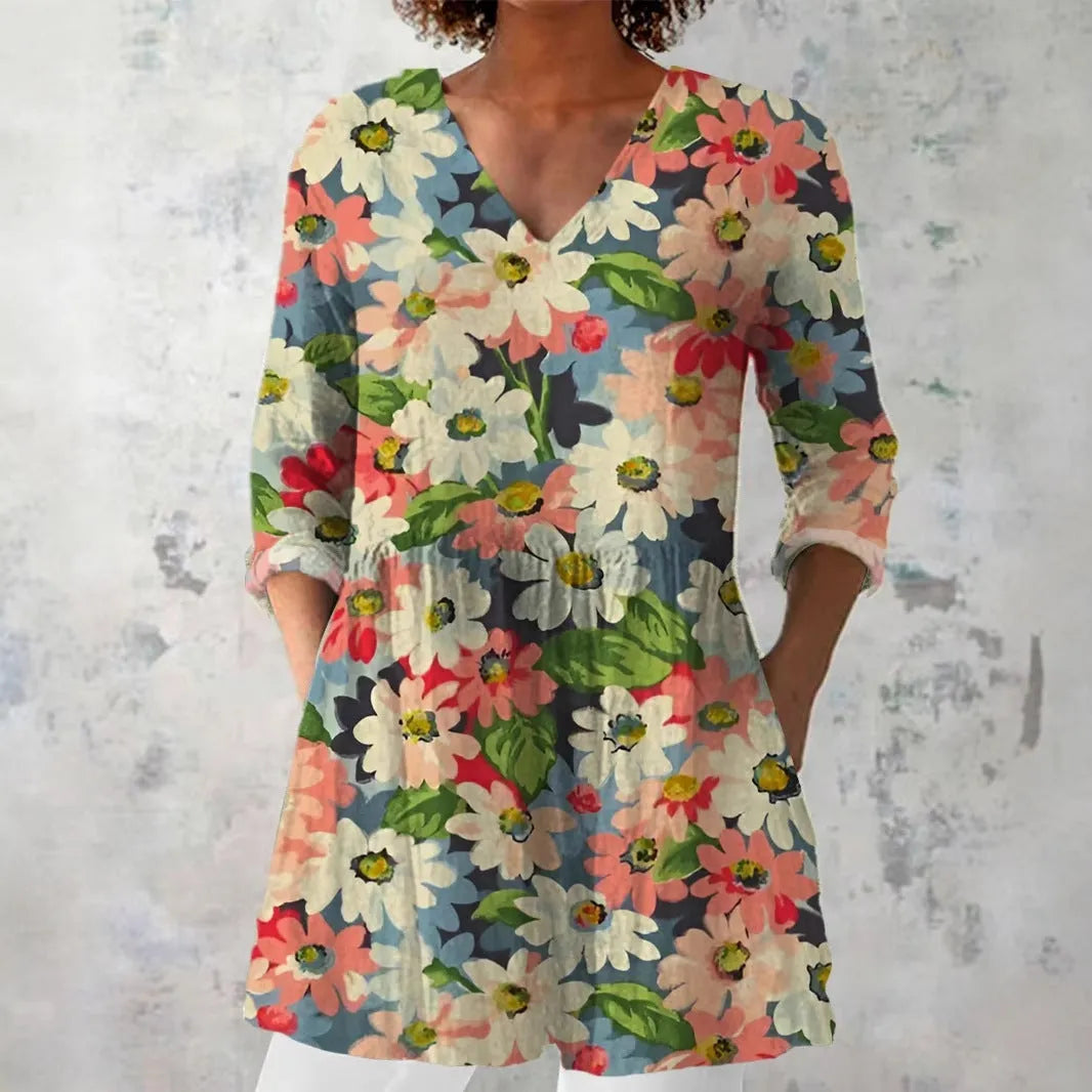 Women's retro slim fit printed long-sleeved top in polyester fabric showing digital print design