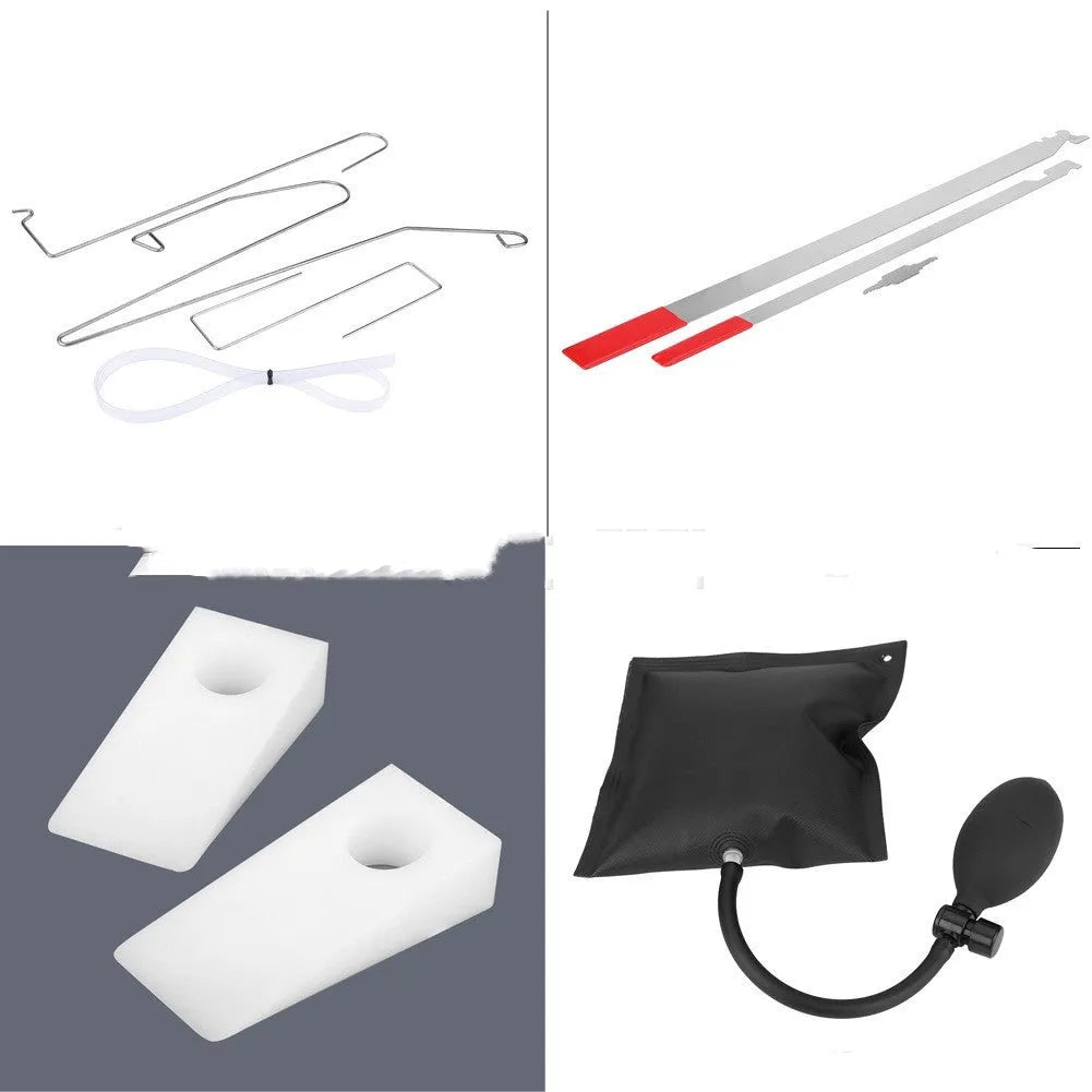 Automotive emergency tool set with air pump wedge, plastic wedges, crowbar tools and hooks for vehicle lockout