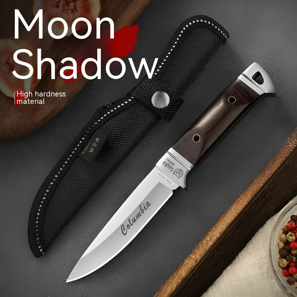 Camping portable fruit knife with leather case showing stainless steel blade and national style design