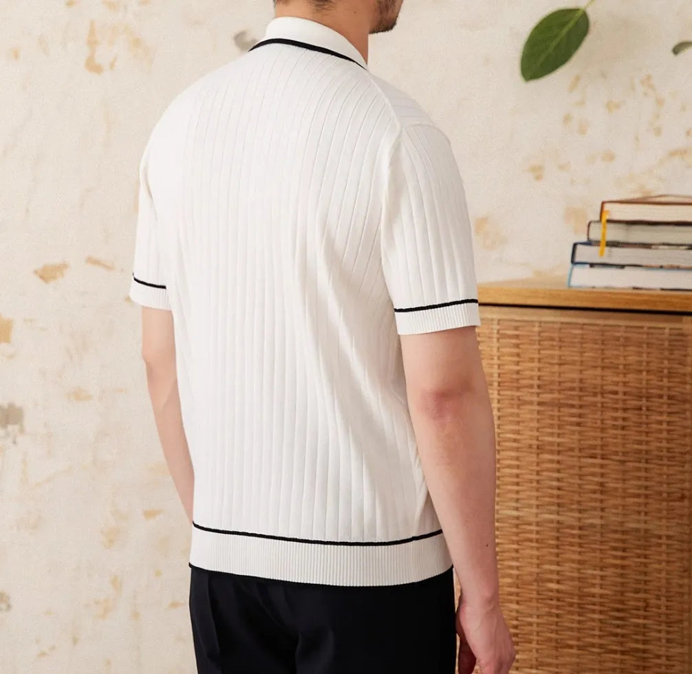Men's black slim fit short sleeve polo shirt with lapel collar on hanger