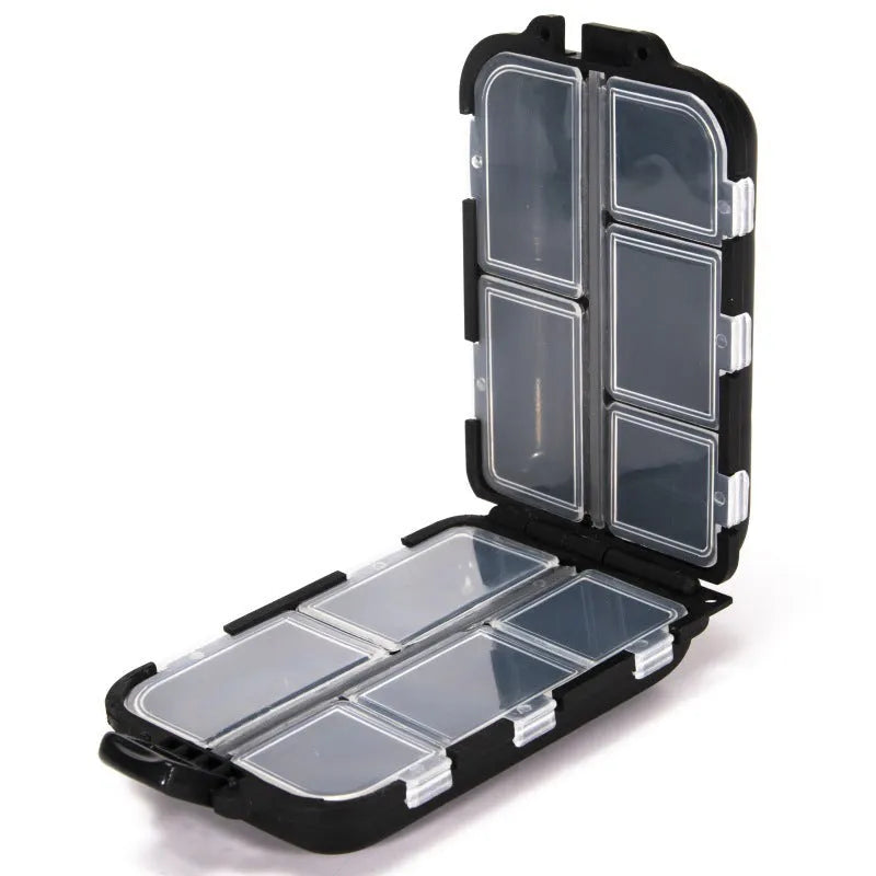 Small black plastic fishing tackle box with 10 internal compartments, shown next to fishing hooks.