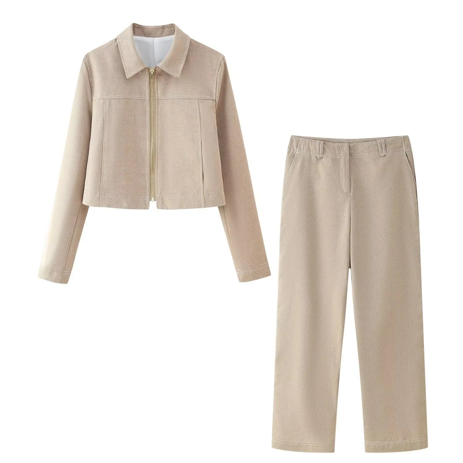 Women's herringbone pattern casual suit set with 3D effect, featuring a long sleeve coat and straight-leg trousers.