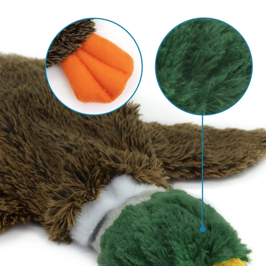 Green Wild Duck stuffless dog toy with squeakers showing bottle insertion cavity at bottom