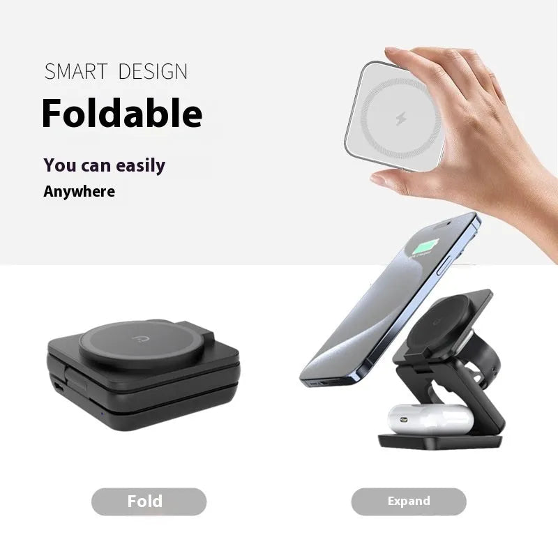 Foldable magnetic wireless charging phone holder in black on a desk