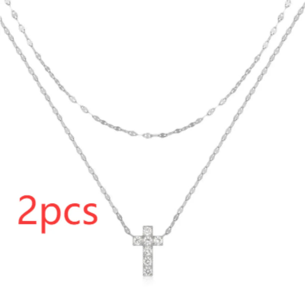 S925 sterling silver double layer twin diamond cross pendant necklace with geometric design on clavicle chain