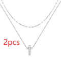 S925 sterling silver double layer twin diamond cross pendant necklace with geometric design on clavicle chain