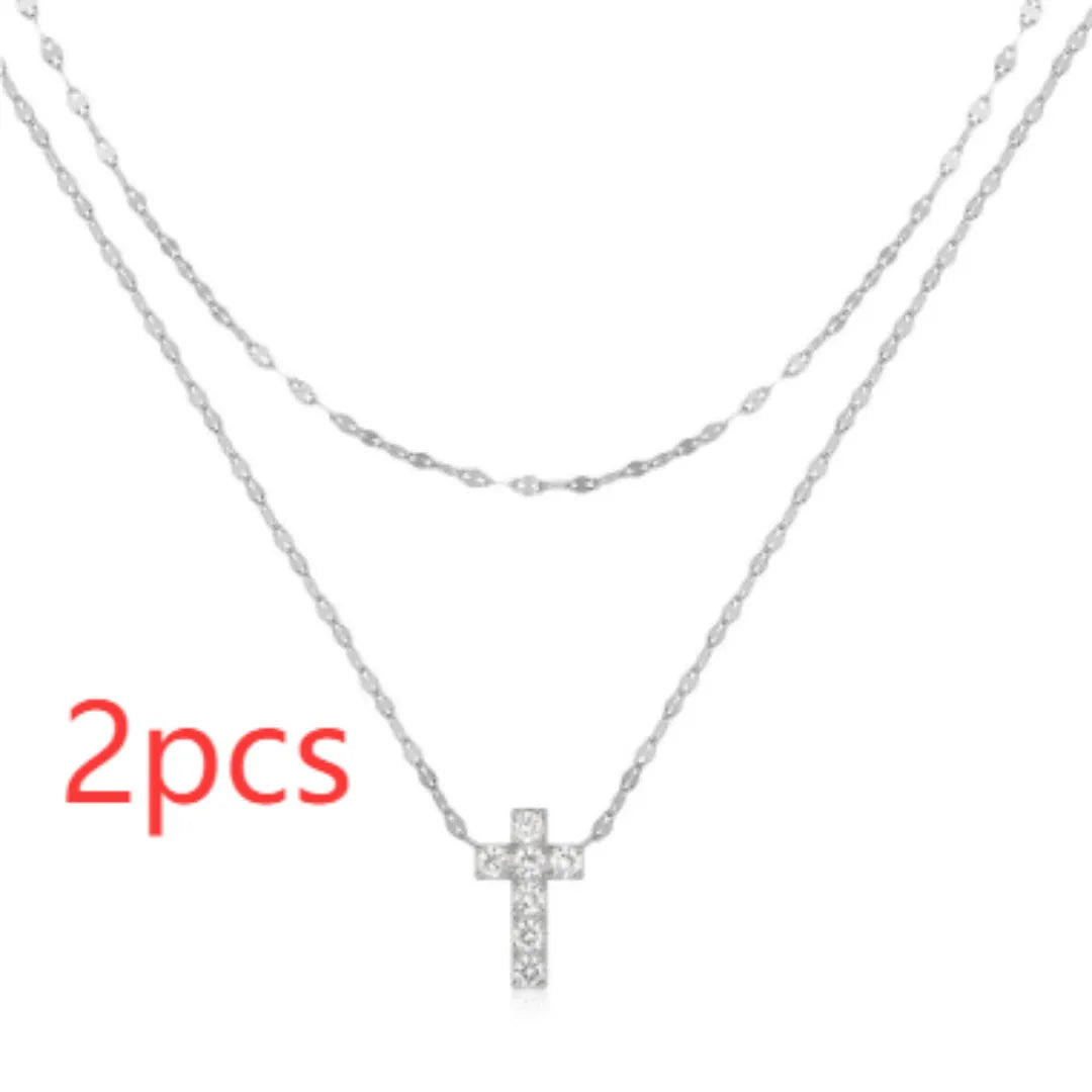 S925 sterling silver double layer twin diamond cross pendant necklace with geometric design on clavicle chain
