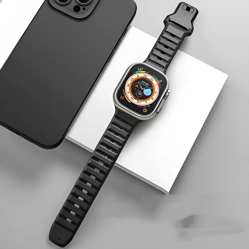 Fluoro rubber watch band for Apple Watch in multiple colours showing T buckle closure.