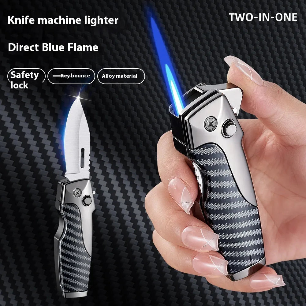Zinc alloy metal folding lighter with integrated knife in a selection of colour and texture finishes.