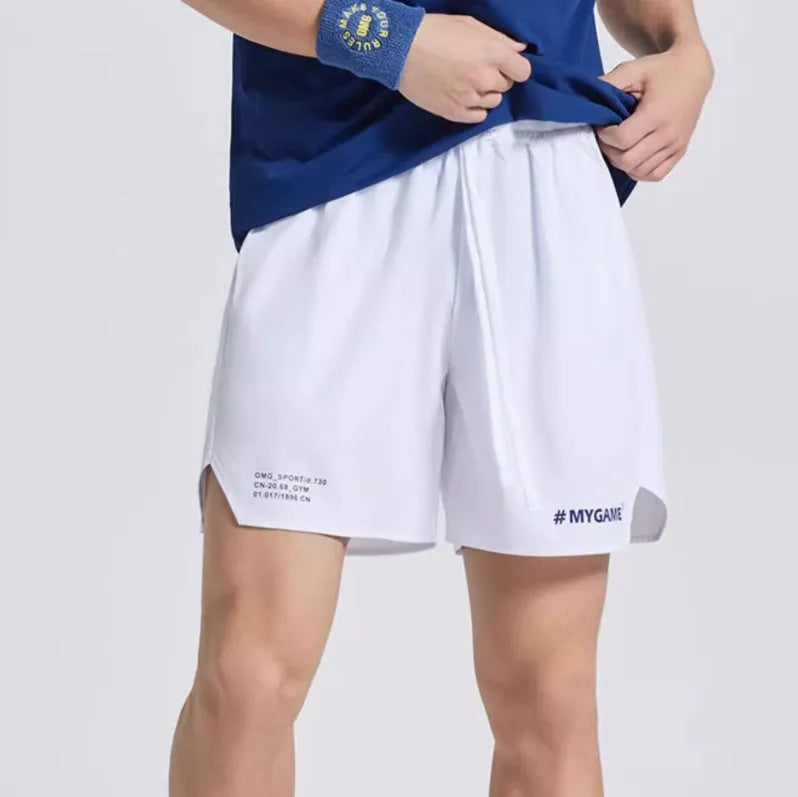 Men's fitness training shorts in a polyester and spandex blend, shown in one of four available colours.