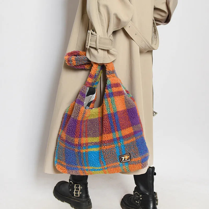 Army Green plush plaid women's crossbody tote bag showing large capacity and shoulder strap.