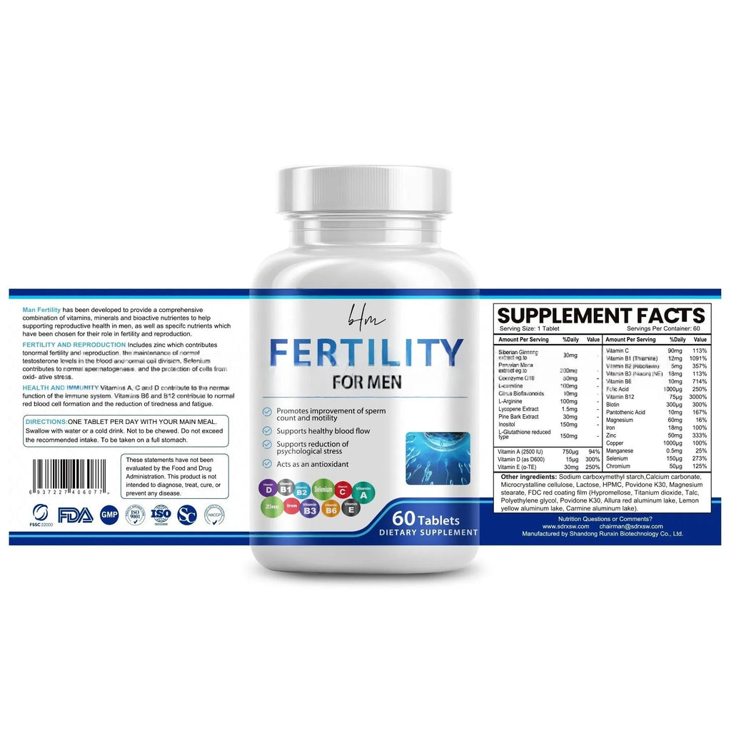 Sealed bottle of male fertility tablets containing 60 tablets with COMPLEX vitamin mineral amino acids