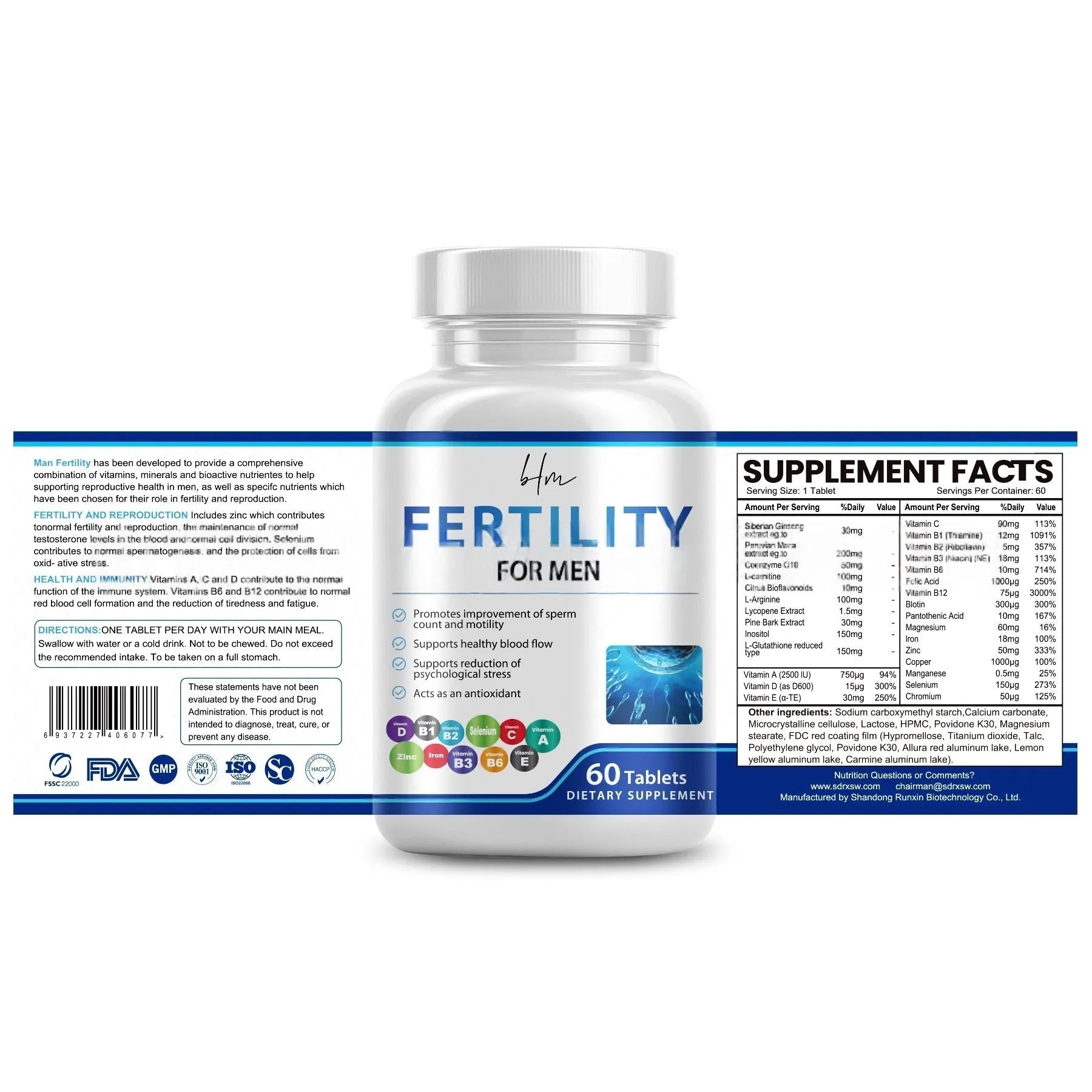 Sealed bottle of male fertility tablets containing 60 tablets with COMPLEX vitamin mineral amino acids