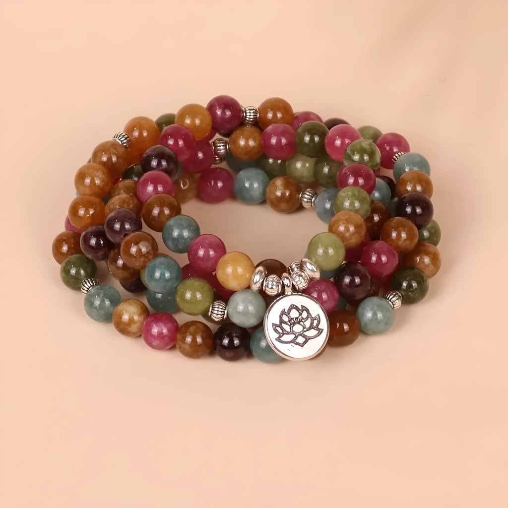 Multi-layer beaded bracelet with 108 tourmaline stones in string lotus hanging pattern on alloy framework