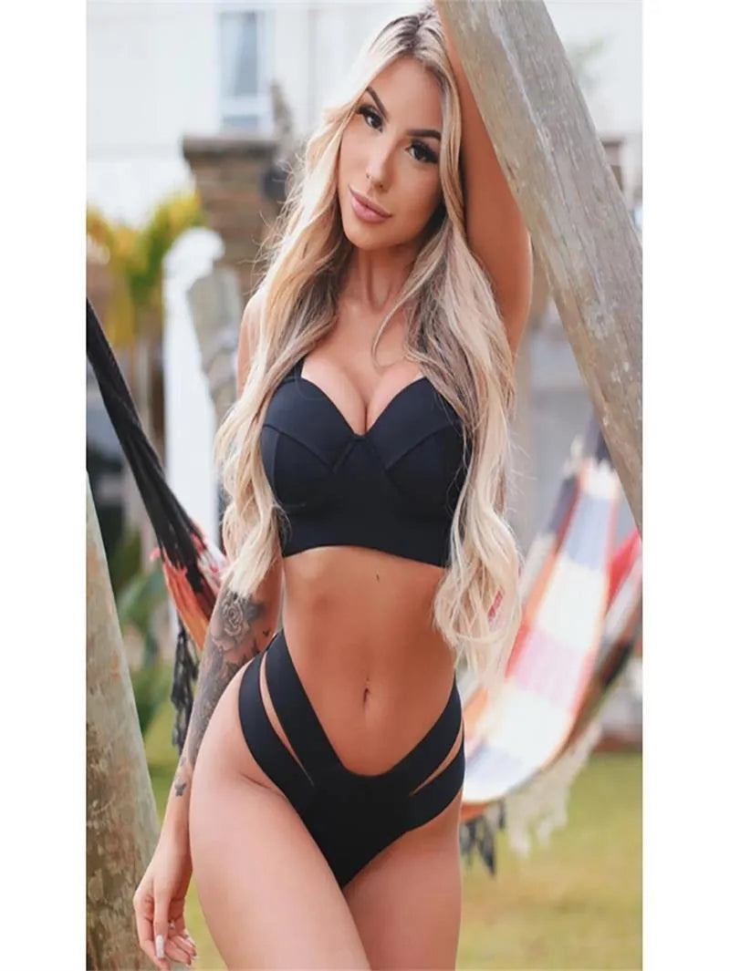 Women's rose red push-up bikini with steel bracket support, showing top and bottom separately.