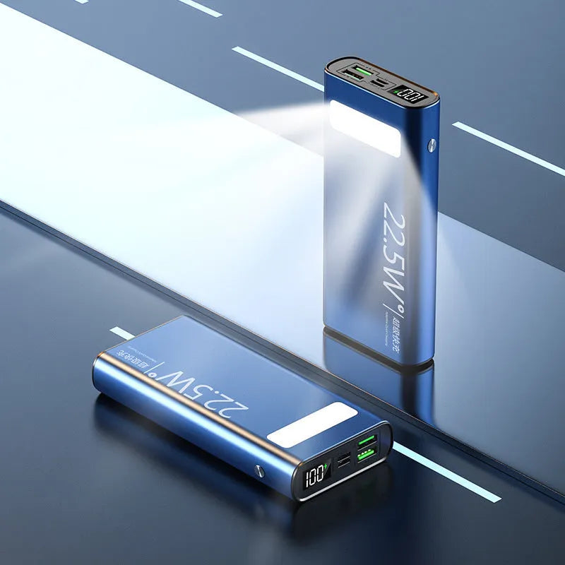 Alloy shell power bank with LCD display showing battery percentage in black, blue, green, or red colour options