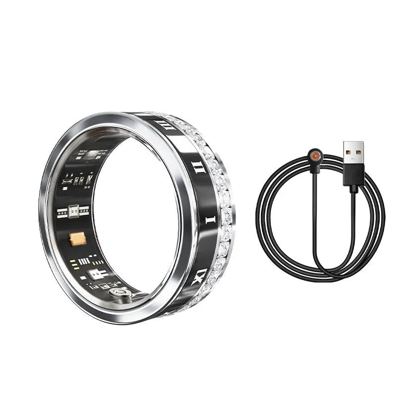 Silver and gold smart ring with diamond inlay on a finger, showing its health monitoring design.