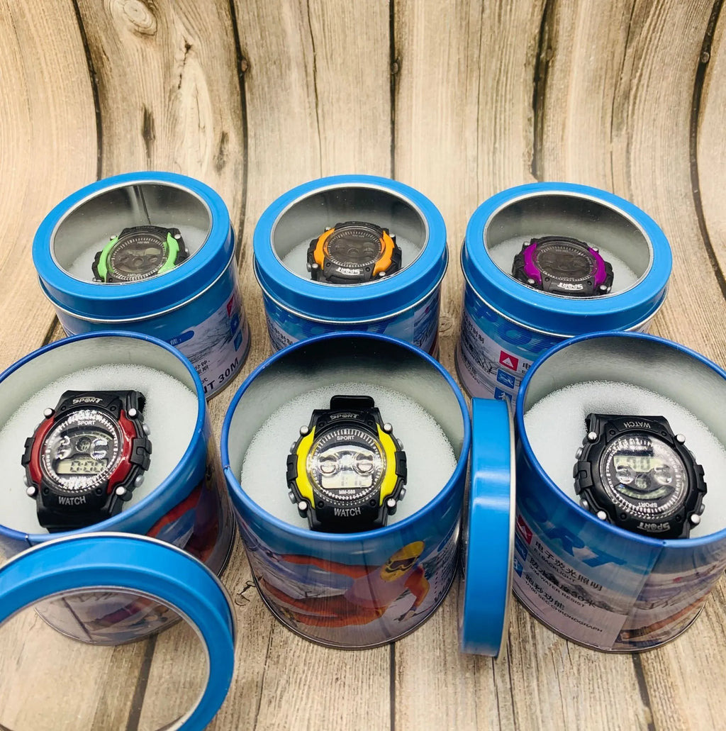 Children's digital sports watch with colourful silicone strap and plastic case, showing alarm and countdown functions.