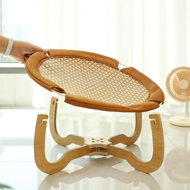 Brown woven rattan pet hammock measuring 46x46x17.5cm for cats and small dogs