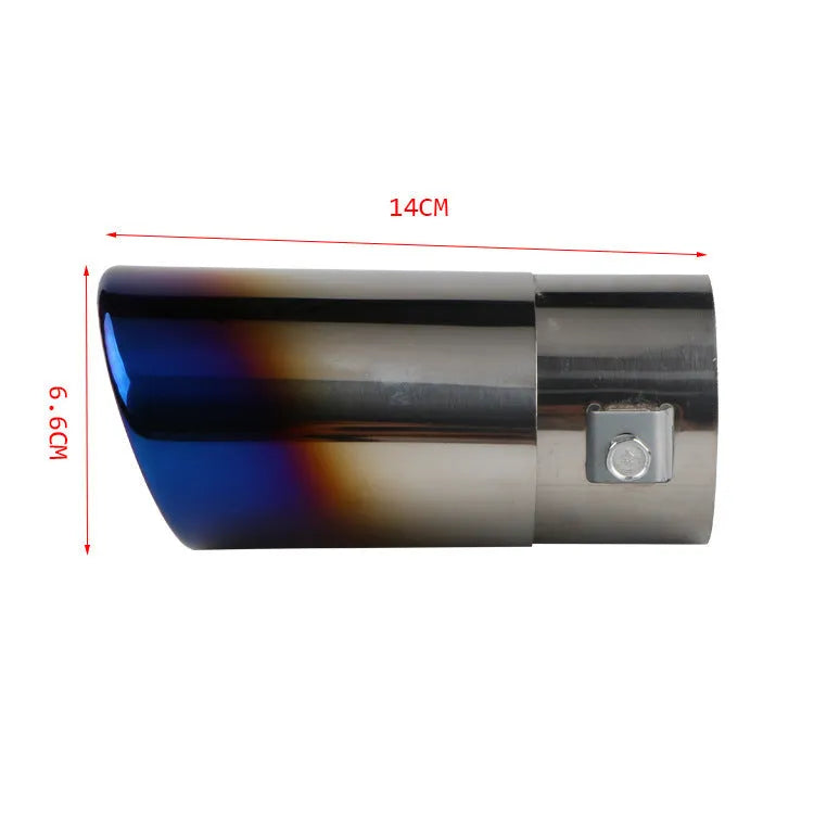 Stainless steel car modification tailpipe in baked blue, bright silver, and colourful finishes, straight and curved styles.