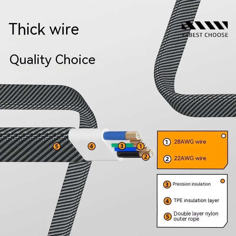Black woven nylon four-in-one keychain data cable with Type-C connector and C71 Tungsten Gold finish