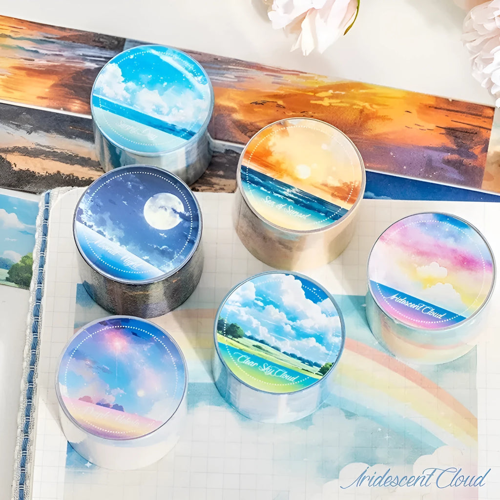 Roll of Japanese paper washi tape with colourful sky cloud patterns, showing 30mm width