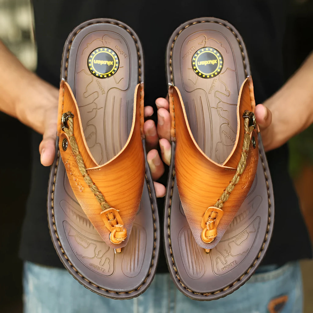 Men's plus size outdoor slippers with herringbone pattern in dark blue and khaki colours
