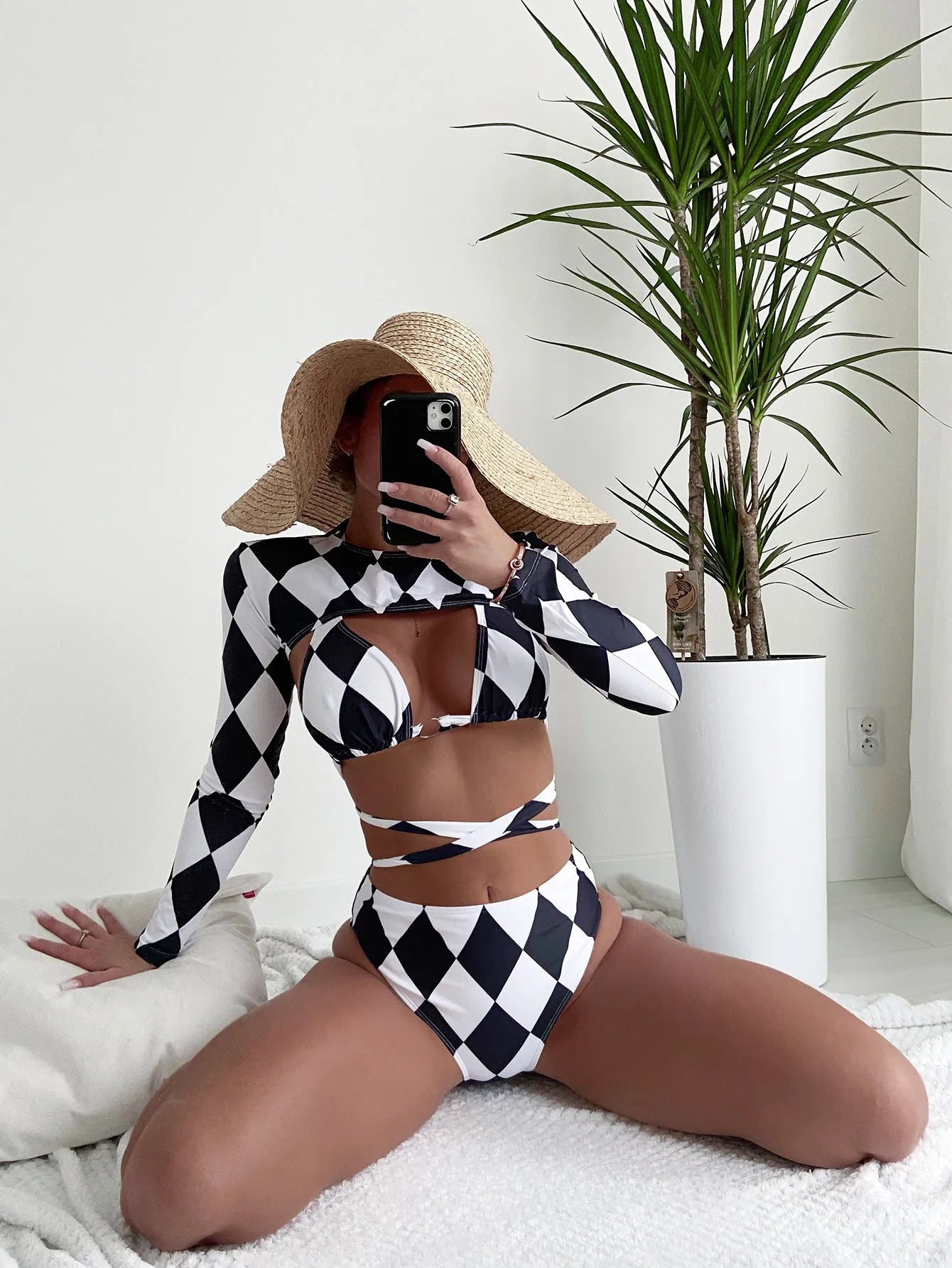 Women's plaid three-piece swimsuit set with long sleeves and bikini style