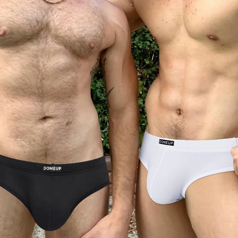 Men's solid colour low waist breathable briefs in white, shown on a size chart.