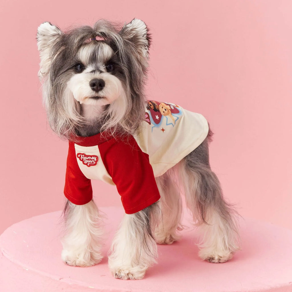 Red embroidered cotton dog summer clothes showing contrast details and short sleeves