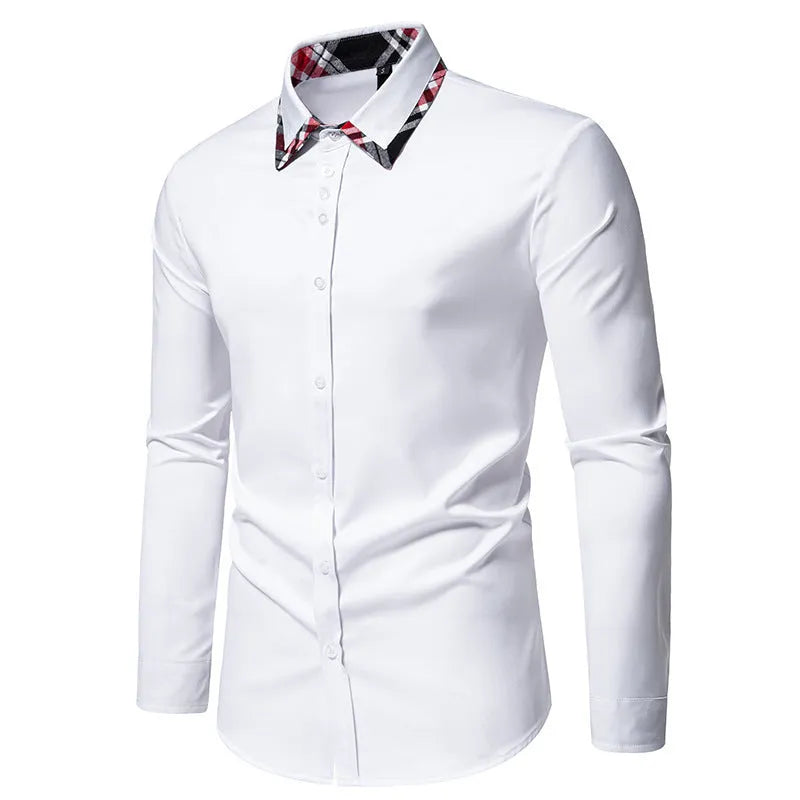Men's blue plaid casual shirt with triangle collar and long sleeves