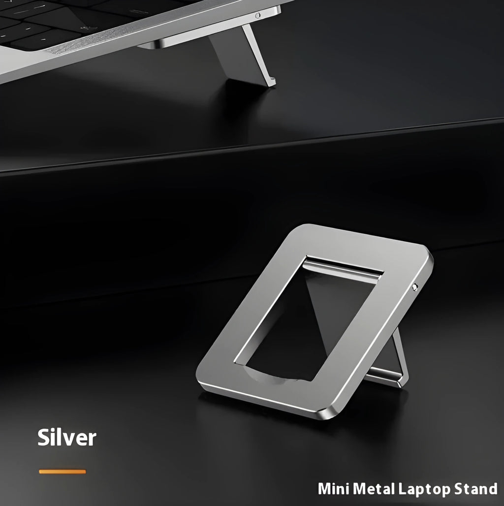Aluminium folding laptop stand bracket in silver with compact 4.8cm design for computer cooling