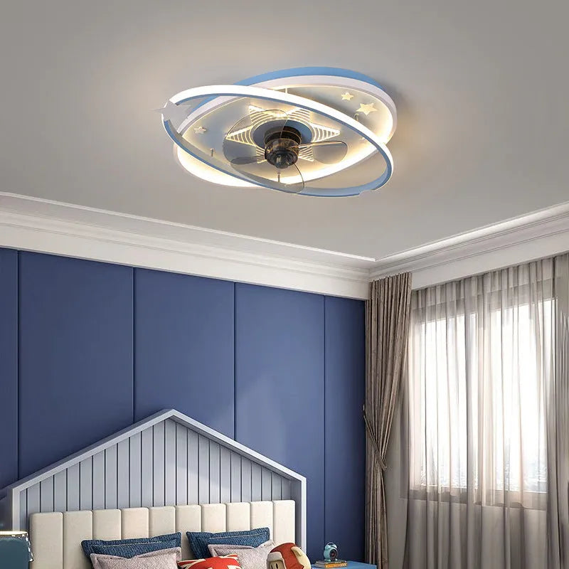 Modern iron chandelier with acrylic shade for children's bedroom, available in blue or pink with remote control