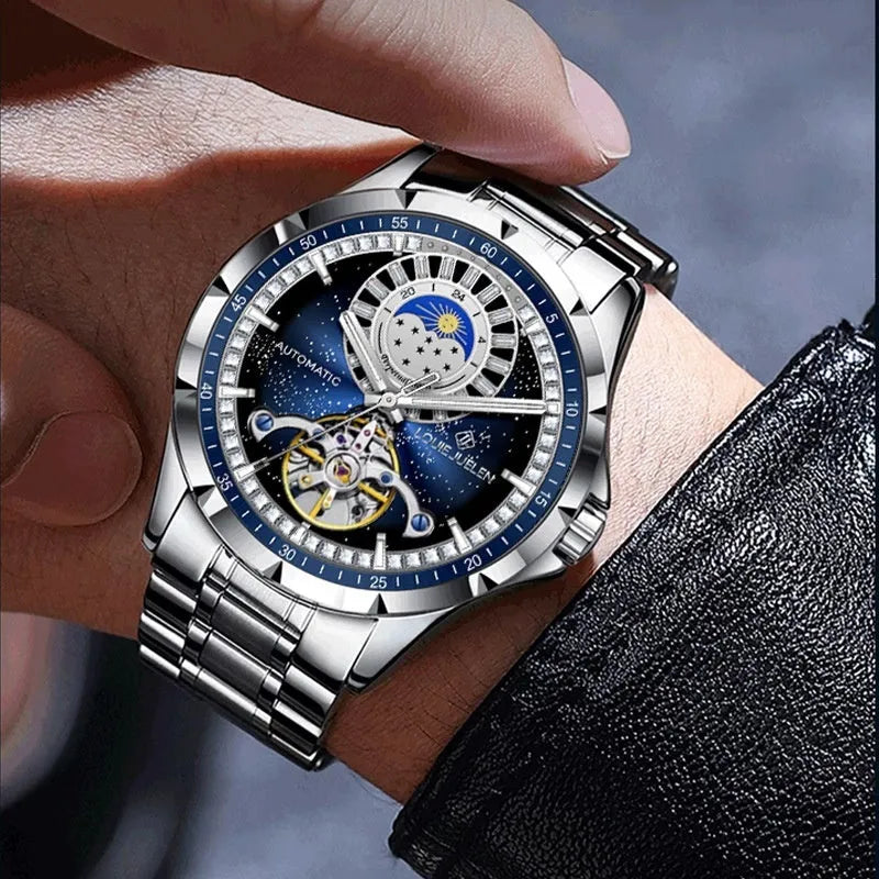Men's silver alloy automatic business watch with blue dial and stainless steel strap showing waterproof design