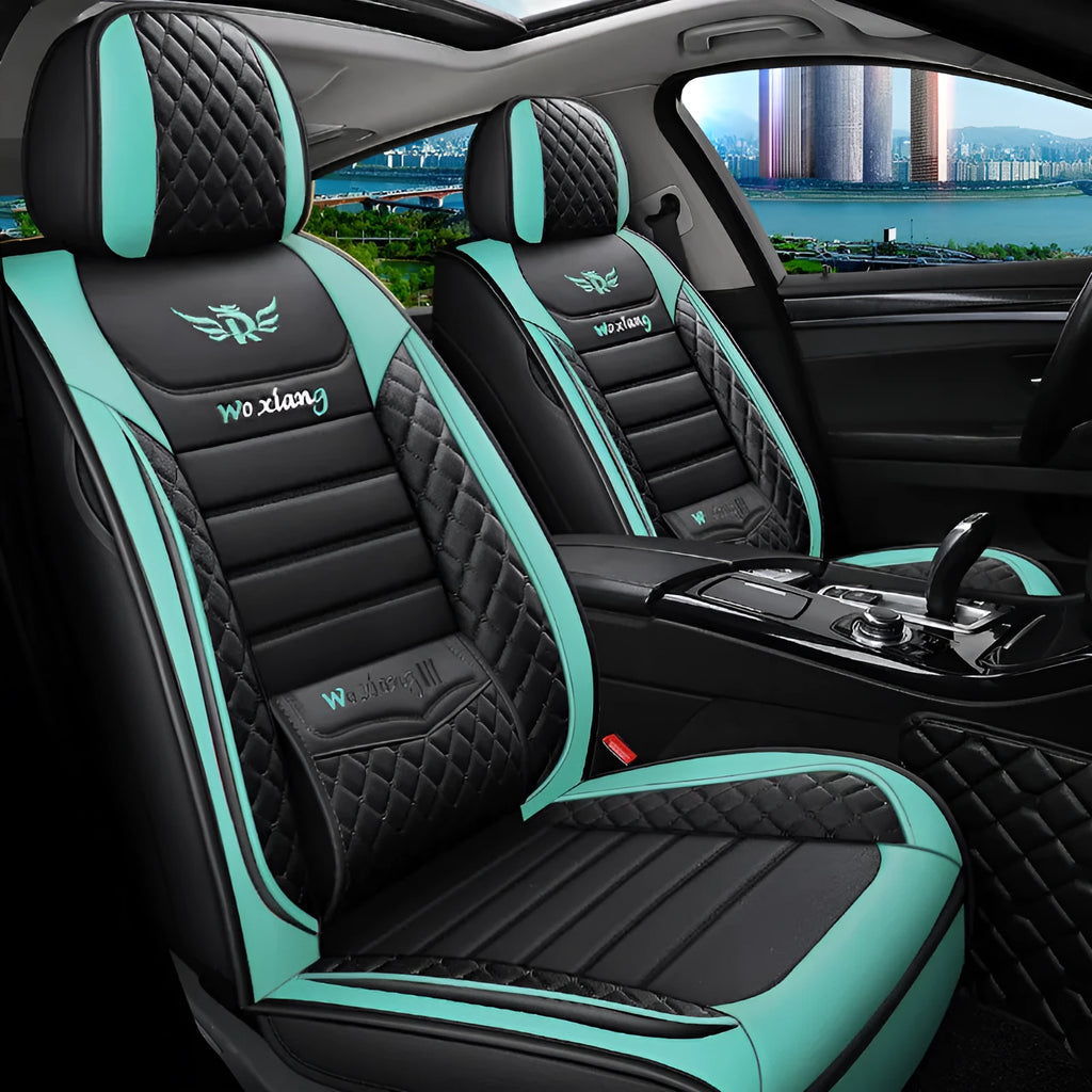 A universal car seat cushion with a leather exterior, shown in a red colour option.
