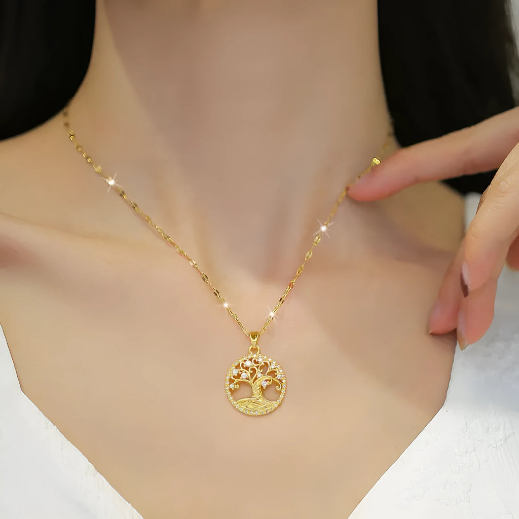 Gold-plated adjustable necklace with micro-inlaid rhinestone zircon lucky tree tree pendant