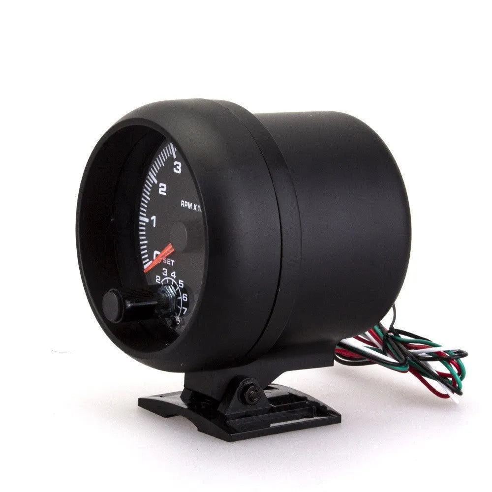 Black automotive tachometer with blue light pointer for car dashboard RPM measurement