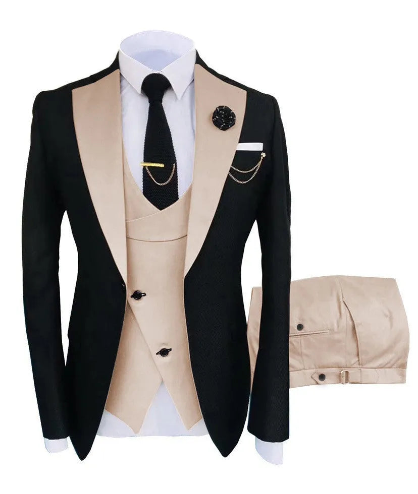 Men's slim fit three-piece business suit in cotton for weddings with vest and trousers