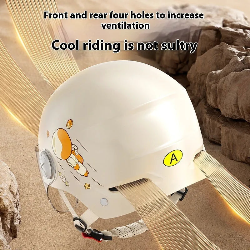 Khaki coloured electric motorcycle half helmet with ABS construction shown with different lens options