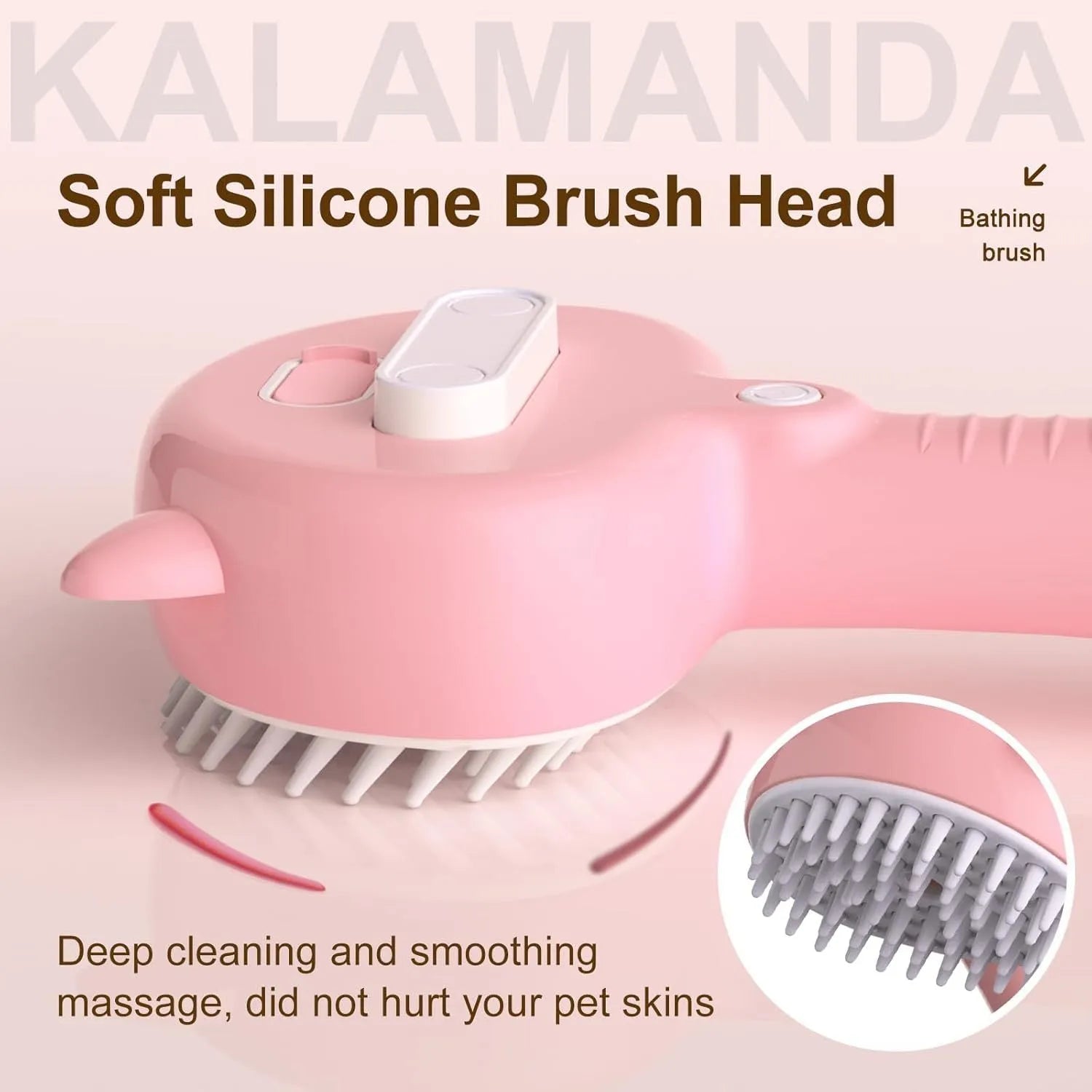 Blue cat steam brush with rubber bristles and release button for pet grooming