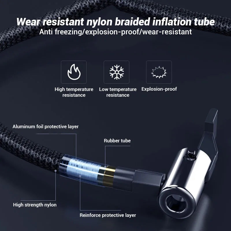 Wireless digital display car tyre inflator pump with hose and nozzles on a grey background.