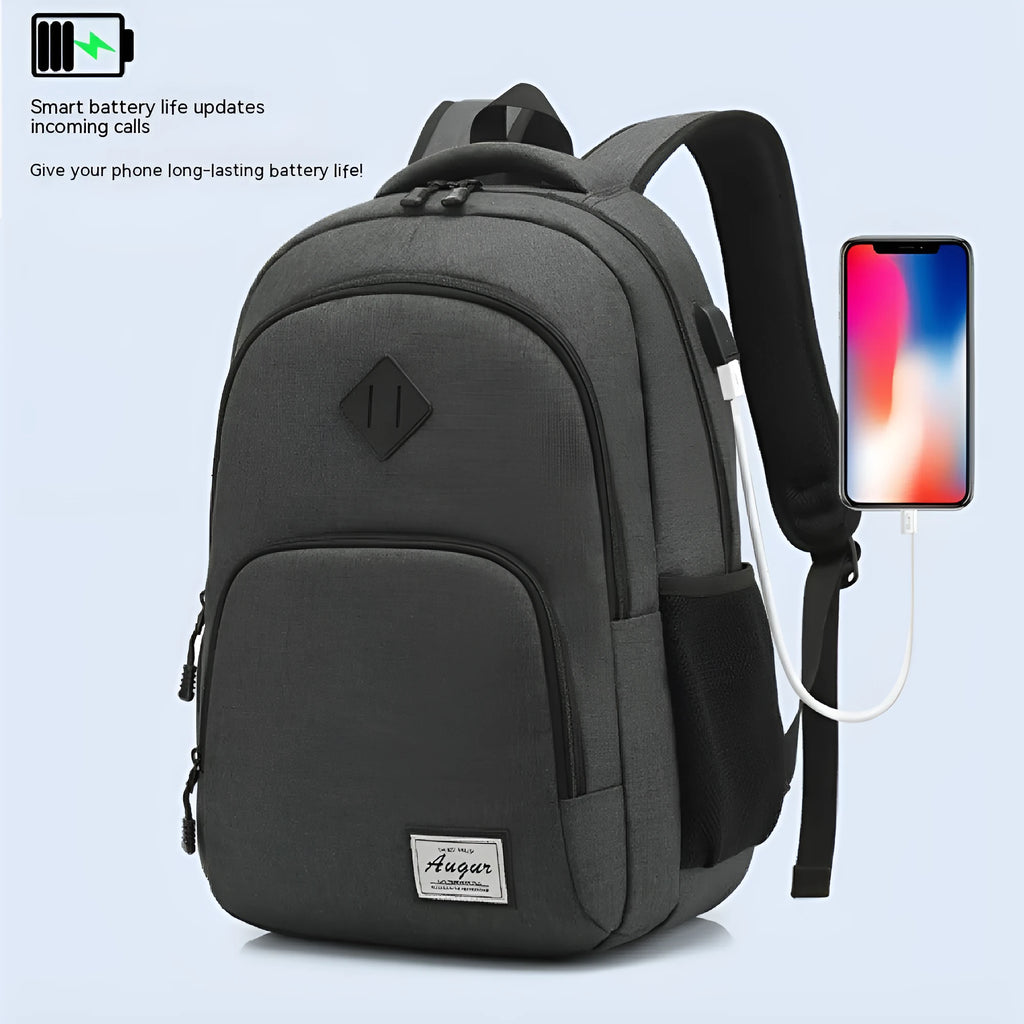 Grey and black USB charging backpack with trolley sleeve, shown with dimensions 32cm by 15cm by 46cm.