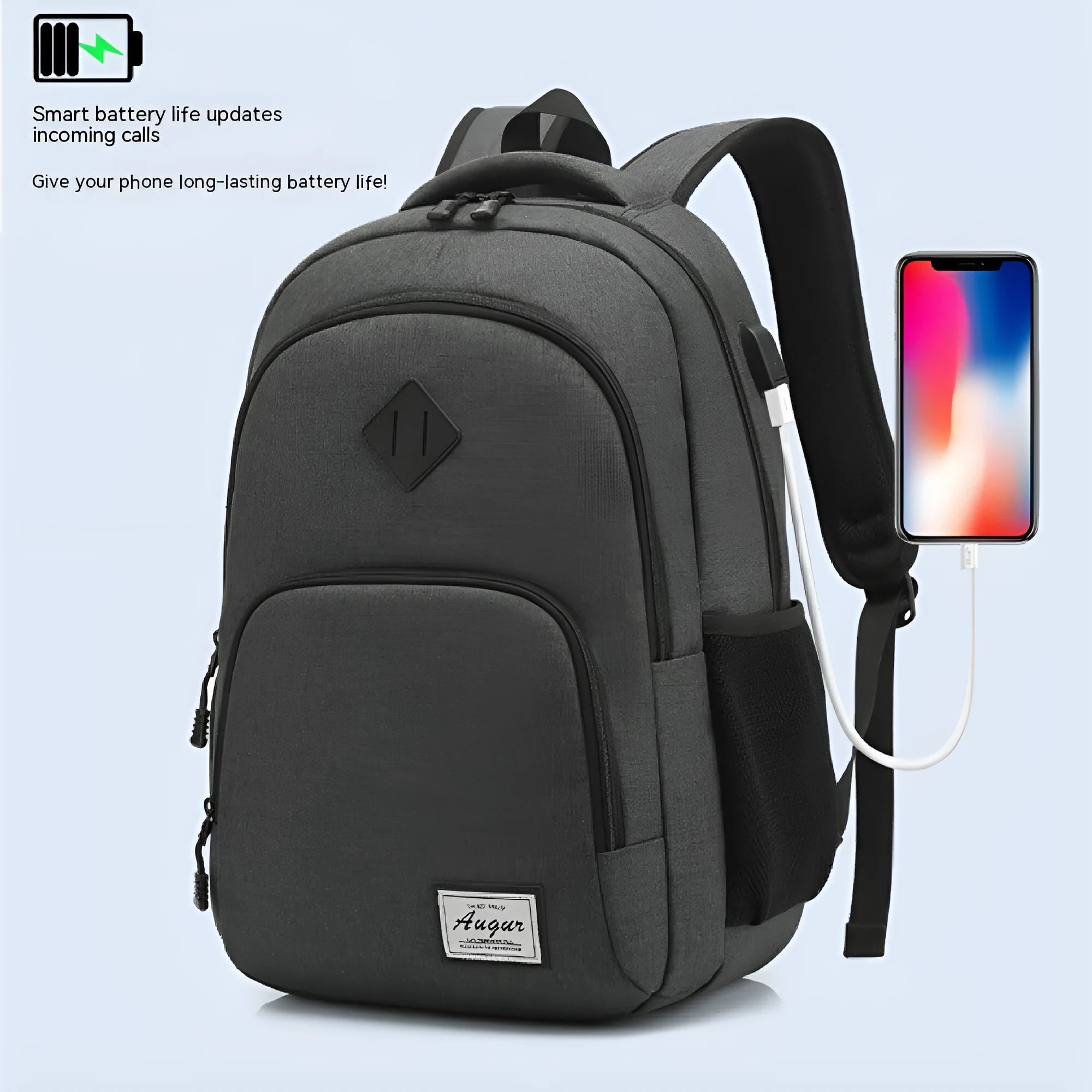 Grey and black USB charging backpack with trolley sleeve, shown with dimensions 32cm by 15cm by 46cm.