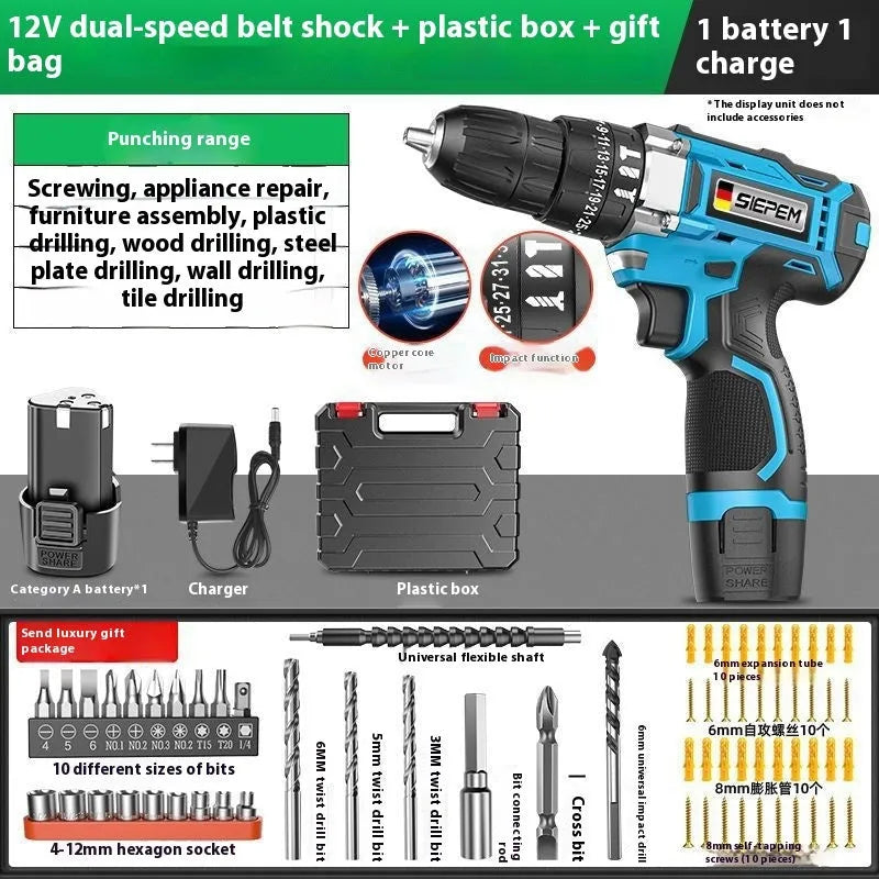12V two-speed pistol grip impact drill and screwdriver set in a plastic storage case.