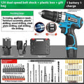12V two-speed pistol grip impact drill and screwdriver set in a plastic storage case.